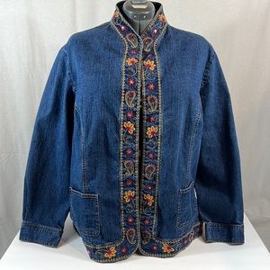 Alfred Dunner Plus Sz Womens 18W Jean Jacket with Flower stitch design.